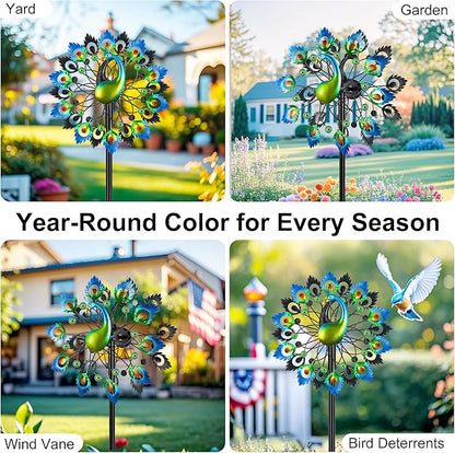 Wind Spinners Garden Decor for Outside, 13 Inches 360°Peacocks Windmill for Yard Decorations Outdoor, Metal Yard Art Wind Sculptures Garden Gifts for Women, Backyard, Patio, Lawn Ornament