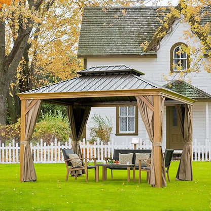 Domi Outdoor Living 10’x12’ Hardtop Gazebo, Wooden Coated Aluminum Frame Canopy with Galvanized Steel Double Roof, Outdoor Permanent Metal Pavilion with Curtains and Netting for Patio, Deck and Lawn
