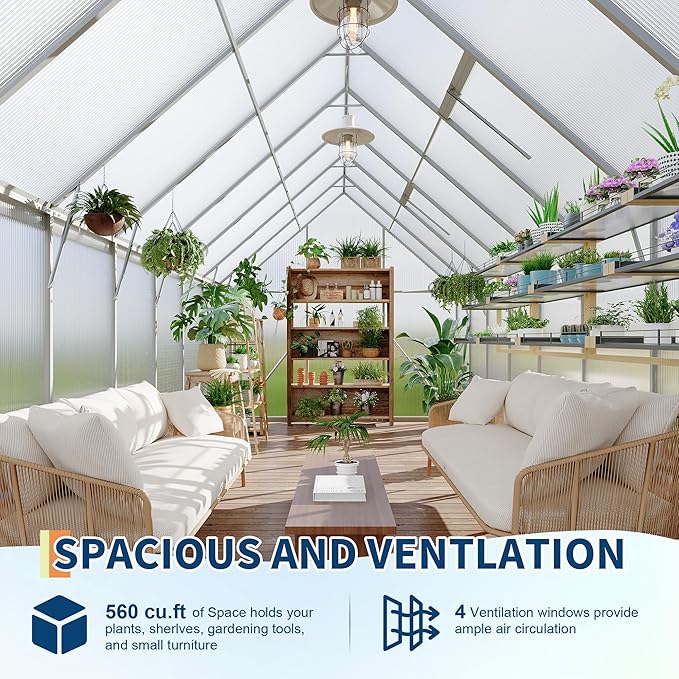 8X16 ft Polycarbonate Greenhouse with Aluminum Frame, Polycarbonate Greenhouse for Outdoors, Greenhouses with Ventilation and Rain Gutter, Aluminum Large Walk-in Greenhouses for Outside