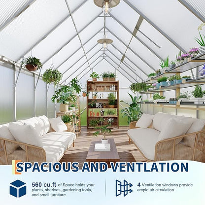 8X16 ft Polycarbonate Greenhouse with Aluminum Frame, Polycarbonate Greenhouse for Outdoors, Greenhouses with Ventilation and Rain Gutter, Aluminum Large Walk-in Greenhouses for Outside