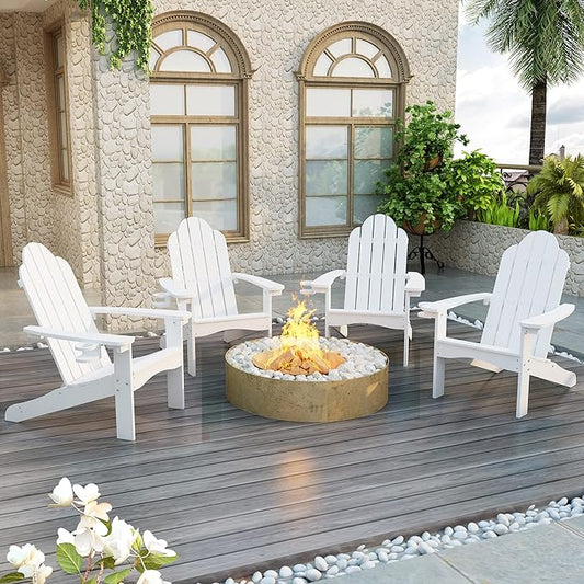 LUE BONA HDPS Adirondack Chairs Set of 2, Fire Pit Outdoor Chair Weather Resistant with Cup Holder, Modern Plastic Chair Plastic for Patio, Deck, Proch, 350LBS, White