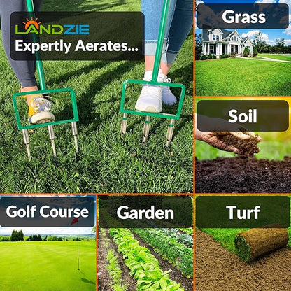 Landzie - The Original Hollow and Spike Tine Lawn Aerator Set - Includes 1 Aerator + Set of 3 Hollow Tines and 3 Spike Tines - 42 Inch Manual Stainless Steel Gardening Hand Tool