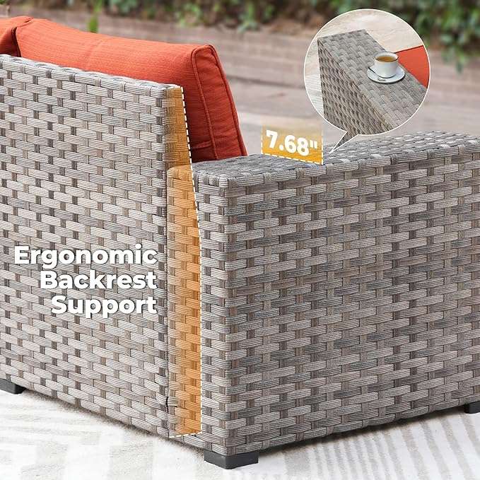 ovios 16 Pieces Patio Furniture Set, Outdoor Wicker Sectional Sofa with 54" Fire Pit Table Swivel Chairs, Modern Modular Deep Seat Rattan Couch Conversation Sets, Orange Red