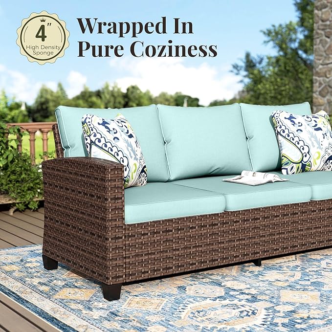 Swivel Glider Patio Furniture Set, 5 Pcs Wicker Outdoor Conversation Set, 2 x Swivel Chairs, 1 x 3 Seater Sofa and 2 x Ottoman, Blue