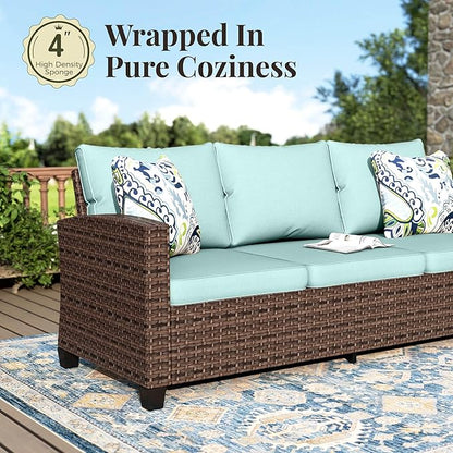 Swivel Glider Patio Furniture Set, 5 Pcs Wicker Outdoor Conversation Set, 2 x Swivel Chairs, 1 x 3 Seater Sofa and 2 x Ottoman, Blue