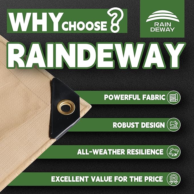 RAINDEWAY 7x20 Feet Heavy Duty Tarp,12 Mil Tan Waterproof Poly Tarp Cover,UV Resistant,Weatherproof,Durable,Multipurpose Tarps with Grommets and Reinforced Edges