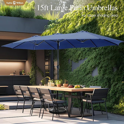 Sophia & William 15 ft Extra Large Patio Umbrella with Base Included, Rectangular Outdoor Umbrella Heavy Duty, Market Umbrella Double-sided Fade Resistant for Pool Garden Backyard, Haze Blue
