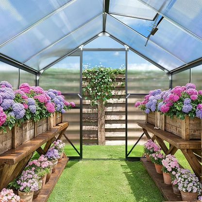Gizoon 8x6 FT Outdoor Greenhouse, Polycarbonate Walk-in Garden House with Adjustable Roof Vent & Sliding Door, Aluminum Frame Garden Plant House for Backyard, Patio and Gardening (Black)