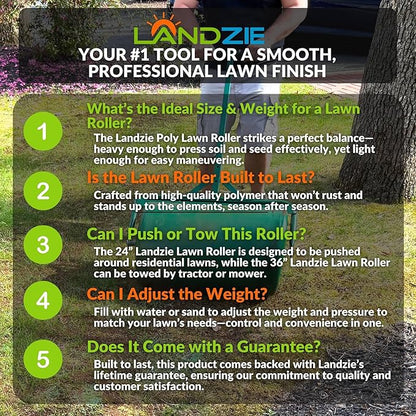 LANDZIE 24 Inch Poly Lawn Roller - 15.8 Gallon Lawn Roller Water Filled Sod Roller and Yard Roller for Pressing in Grass Seed to Improve Germination - Lawn Flattener for Rolls of Sod Lawn Striping Kit