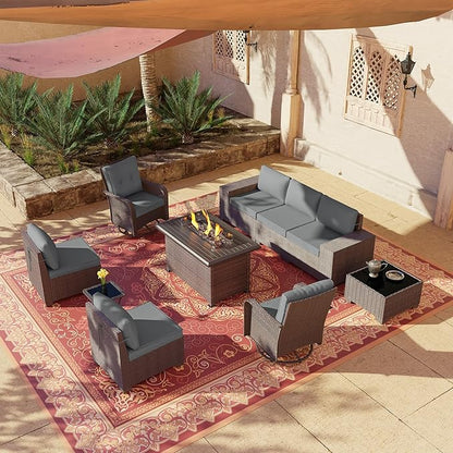 10 Pieces Outdoor Patio Furniture Set Outdoor Furniture Patio Sectional Sofa Conversation Sets w/ETL Approved 45" Gas Outdoor Fire Table & Coffee Table, Swivel Rocking Chair (Grey)