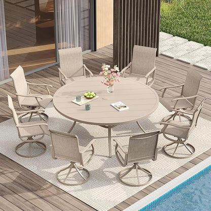 VICLLAX Patio Dining Set for 8, 9 Pieces Outdoor Furniture Includes 60" Round Patio Table with Umbrella Hole and 8 Outdoor Swivel Chairs for Lawn Garden, Sandshell Tabletop and Fabric