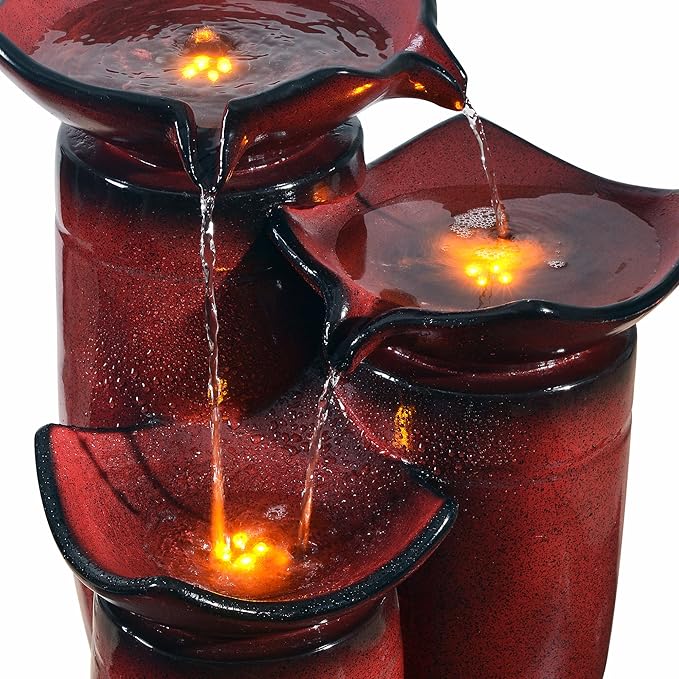 Teamson Home 3 Tiered Floor Water Glazed Pots Fountain with LED Lights and Pump for Outdoor Patio Garden Backyard Decking Décor, 20 inch Height, Gradient Red
