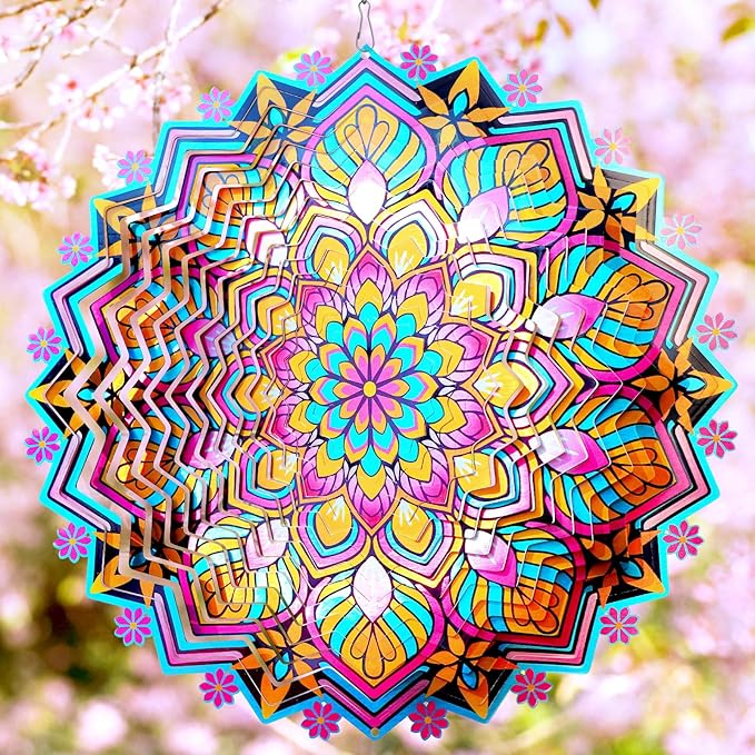 Goolyrusim Metal Wind Spinner - Mandala Lotus Wind Spinners, 12inch Kinetic 3D Hanging Wind Sculptures, Indoor/Outdoor Garden & Yard Art Decoration, Creative Gifts for Women Mom Grandma & Holidays