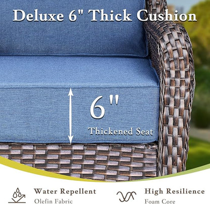 Luxury Outdoor Swivel Rocker Patio Chairs, High Back Patio Swivel Chairs with Side Table & 6-Inch Thick Cushions, Wicker Outdoor Bistro Set for Porch, Yard, Deck, Poolside, Brown/Blue