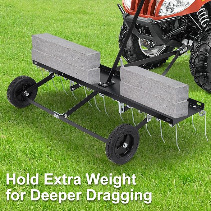 Tow Behind Aerator, 40 inch Lawn Pull Dethatcher with 20 Spring Steel Tines and Lift Handle for Outdoor Yard Care, Lawn Sweeper to Remove Thatch, Leaves and Pine Needles, Black