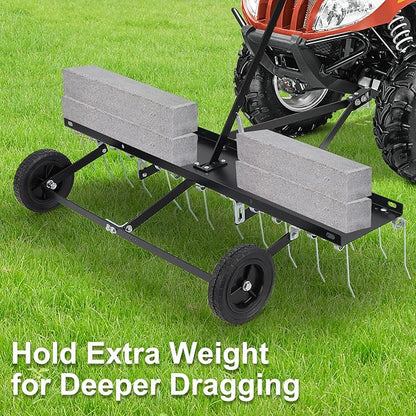 Tow Behind Aerator, 40 inch Lawn Pull Dethatcher with 20 Spring Steel Tines and Lift Handle for Outdoor Yard Care, Lawn Sweeper to Remove Thatch, Leaves and Pine Needles, Black