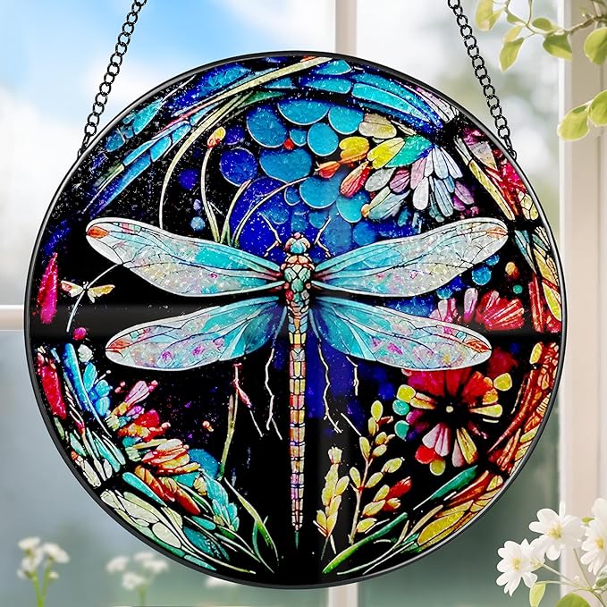 8 Inch Stained Glass Suncatcher Ornament, DOUHASU Dragonfly Sun Catchers Indoor Window, Stained Glass Window Hanging, Home Decor, Dragonfly Lovers Gifts for Women, Mom, Grandma, Friend