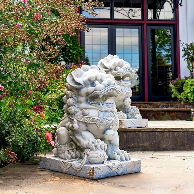 Zaer Ltd. Set of 2 Traditional Fu Dog Garden Statues, Chinese Guardian Lion Sculptures with Pedestals, Made with Magnesium-Cement (Distressed Gray)