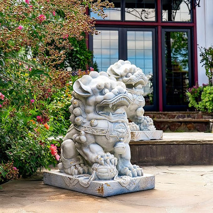 Zaer Ltd. Set of 2 Traditional Fu Dog Garden Statues, Chinese Guardian Lion Sculptures with Pedestals, Made with Magnesium-Cement (Distressed Gray)