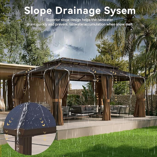 Aoxun 12'x20' Hardtop Gazebo, Aluminum Frame Permanent Pavilion with Curtains and Netting, Outdoor Polycarbonate Double Roof Canopy, Designed for Garden, Lawns, Patio
