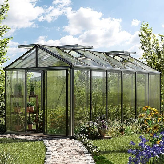 Greenhouse Diamas 24 Premium 7.7 x 15.1 ft with Approx. 16 mm Polycarbonate Panels, Natural Aluminum Color