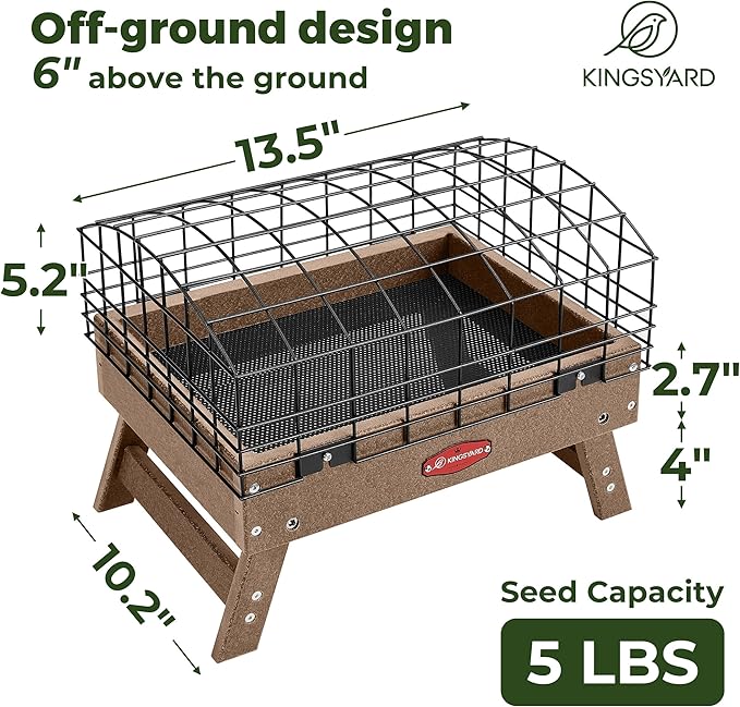 Kingsyard Squirrel Proof Ground Bird Feeder for Outdoors - Recycled Plastic Platform Feeding Station, Fly-Through Metal Caged Wild Bird Feeder for Small Birds, 5 LBS Large Capacity, Brown