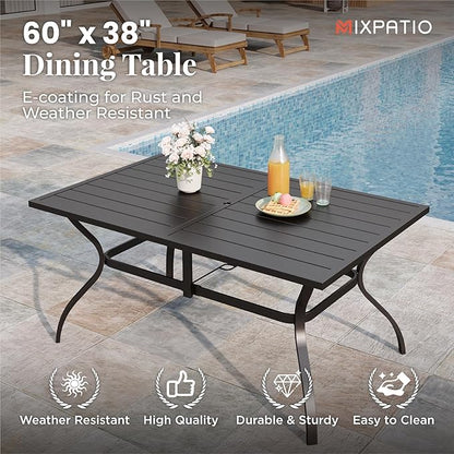 Patio Table and Chairs Set, Patio Dining Set for 6 with Brown Chairs and Metal Rectangular Table for Deck Backyard Lawn Poolside