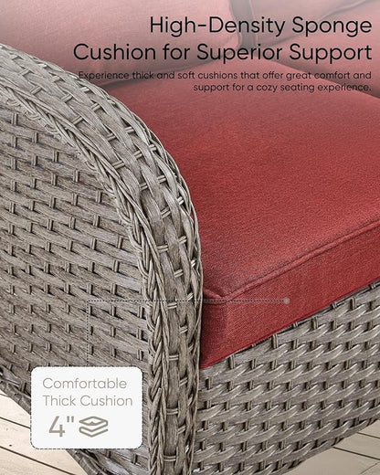 HUMMUH 7 Pieces Outdoor Furniture Set-All Weather Wicker Rattan Couch with Outdoor Rocking Chair Patio Furniture for Deck Lawn Porch Balcony Poolside-Grey/Red
