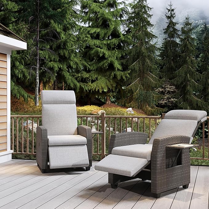 Indoor Outdoor Wicker Recliner Chair with Flip-Up Table Air Pump 155° Lay Flat, Adjustable Wicker Lounge Recliner Chair with Independently Backrest and Footrest Set of 2