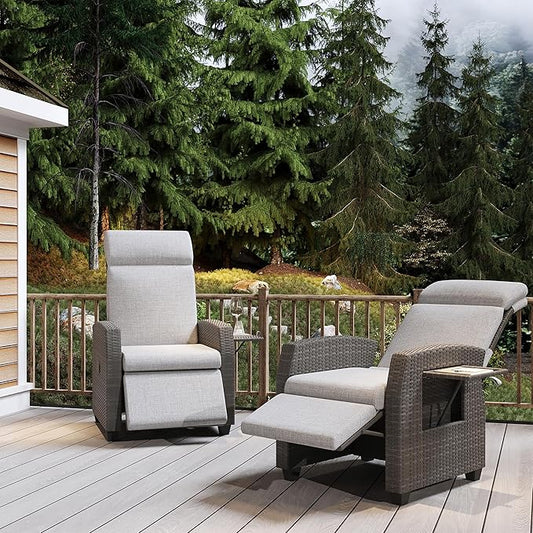 Indoor Outdoor Wicker Recliner Chair with Flip-Up Table Air Pump 155° Lay Flat, Adjustable Wicker Lounge Recliner Chair with Independently Backrest and Footrest Set of 2