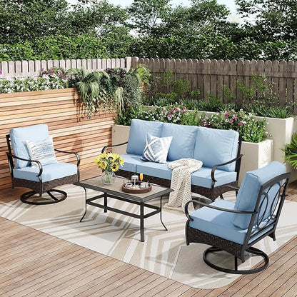 PHI VILLA Outdoor Modern Patio Furniture Set, Upgraded Wicker&Metal Patio Furniture Conversation Set with Waterproof Thick Cushions for Porch, Poolside, Deck, and Yard (4 Pieces,Blue)