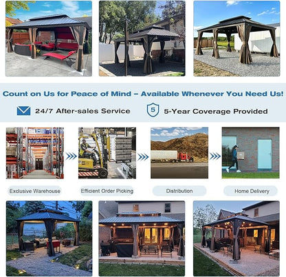 Domi 12' x 20' Hardtop Gazebo Permanent Metal Gazebo with Galvanized Steel Double Roof, Curtains and Netting for Party, Wedding, Outdoor Dining, Patio, Backyard, Brown
