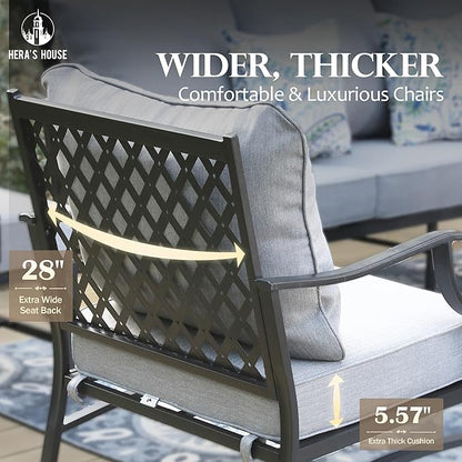 HERA'S HOUSE 6 Piece Patio Furniture Set, 2 x Rocking Cushioned Chair, 2 x Cushioned Ottoman, 1 x 3-Seat Sofa with Marbling Coffee Table, Outdoor Conversation Set for Lawn Garden Backyard, Grey