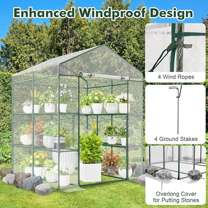 Happygrill Walk-in Greenhouse, Winter Hot House w/4 Tiers, 8 Shelves, Roll-up Zippered Door, Waterproof PVC Film, Portable Greenhouses for Outdoors for Potted Plants, Fruits, Vegetables, Flowers
