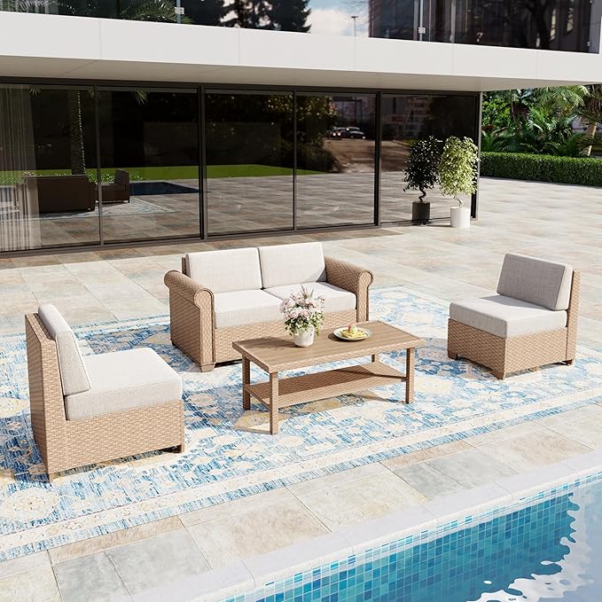Patio Furniture Set, 5 Piece Outdoor Rattan Wicker Sectional Sofa Couch Conversation Set with 5.5" Thick Waterproof Cushions and Coffee Table for Deck Backyard