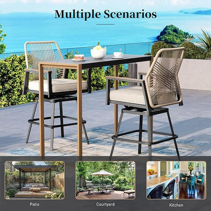 Outdoor Swivel Bar Stools Set of 6, Rattan High Top Patio Chairs with Waterproof Cushion and Armrest, All-Weather Bar Height Furniture for Outside Patio Balcony and Pool, Beige