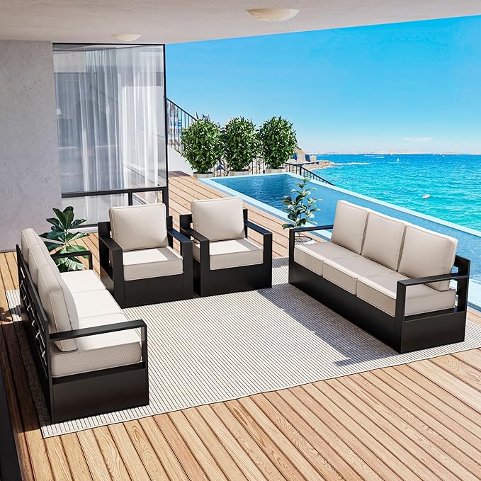 Outdoor Patio Furniture Set, 4-Piece Aluminum Patio Conversation Set All-Weather Metal Outdoor Sectional with 6 Inch Thick Cushions, Deep Setting for Garden, Outside and Porch