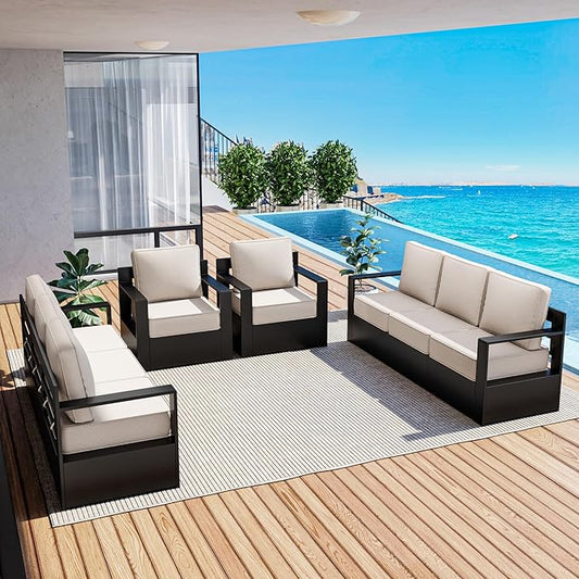 Outdoor Patio Furniture Set, 4-Piece Aluminum Patio Conversation Set All-Weather Metal Outdoor Sectional with 6 Inch Thick Cushions, Deep Setting for Garden, Outside and Porch
