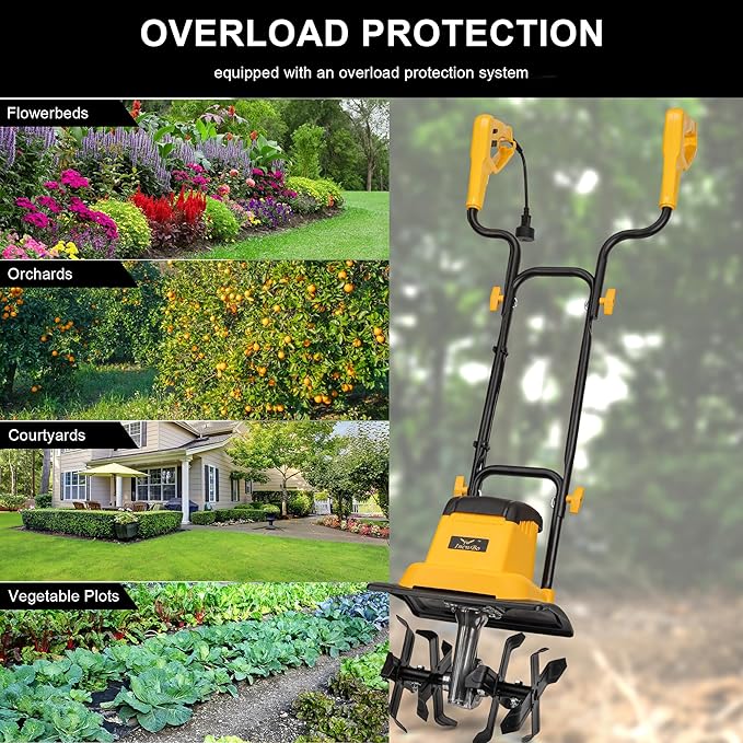 8.5AMP 12Inch Corded Tiller Cultivator 8-inch Depth Rototillers for Gardening, 360RPM Electric Garden Tiller with LT-201D Socket