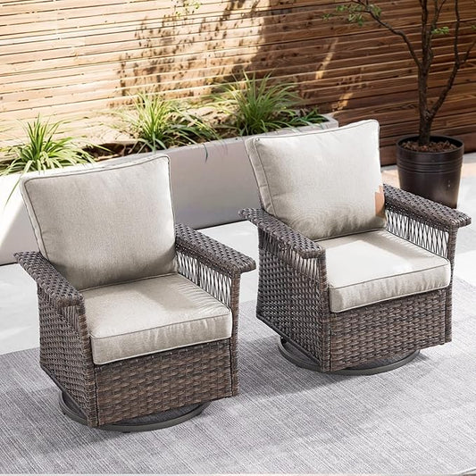Outdoor Swivel Glider Chairs Set of 2 - Hollow Widen Armrests Wicker Patio Furniture Set, Comfortable High Back Outside Swivel Rocker for Balcony Porch Deck and Yard - Brown/Beige