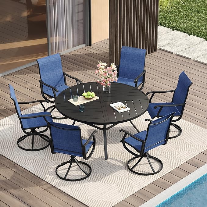 VICLLAX 7 Pieces Patio Dining Set for 6, Outdoor Furniture Set Includes 53" Outdoor Round Table and 6 Patio Swivel Chairs for Lawn Garden, Black Tabletop and Blue Fabric