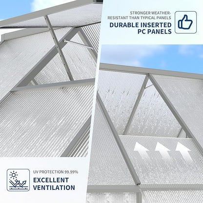 8X16 ft Polycarbonate Greenhouse with Aluminum Frame, Polycarbonate Greenhouse for Outdoors, Greenhouses with Ventilation and Rain Gutter, Aluminum Large Walk-in Greenhouses for Outside