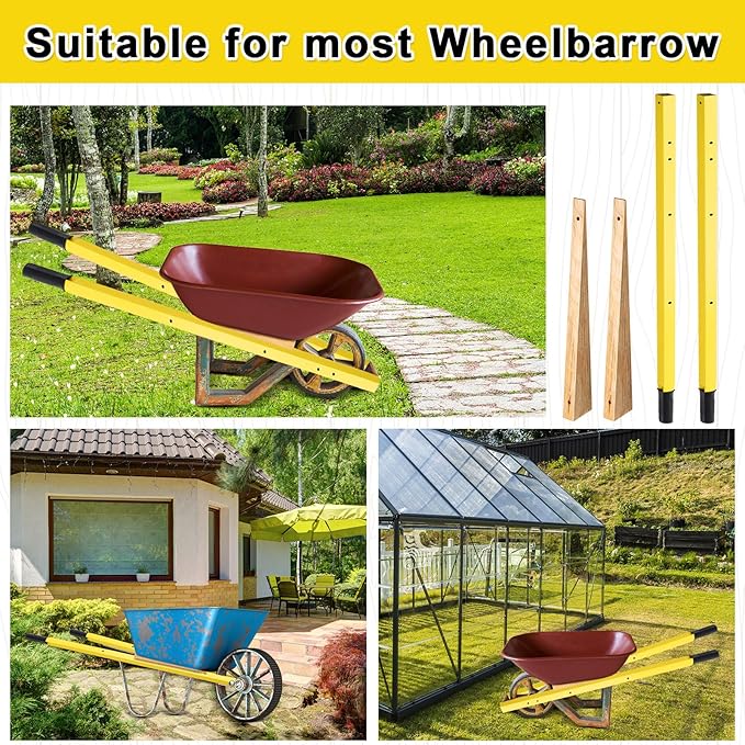 WILLBOND 1 Pair Wheelbarrow Replacement Handles Kit 60 Inches Metal Wheelbarrow Handles Yellow Heavy Duty with 2 Pcs Wedge and Pre Drilled Holes, Easy Install