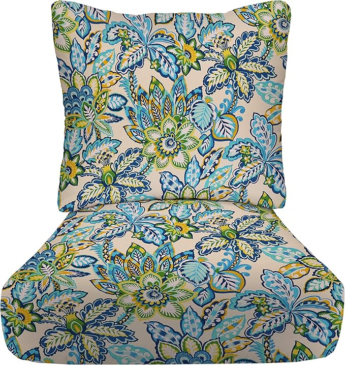 RSH DECOR: Deep Seating Cushion with Pillow Back | 24” x 27” Seat | All-Weather Spun Fabric | Water and Fade-Resistant | Outdoor Chair Cushion Set for Patio Furniture | Copeland Caribe Blue Floral