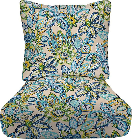 RSH DECOR: Deep Seating Cushion with Pillow Back | 24” x 27” Seat | All-Weather Spun Fabric | Water and Fade-Resistant | Outdoor Chair Cushion Set for Patio Furniture | Copeland Caribe Blue Floral