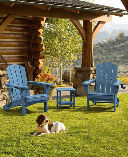 SERWALL Folding Adirondack Chair Set of 4, Adjustable Adirondack Chair with 3 Recline Positions, All Weather HDPE Outdoor Adirondack with Cup Holders, Blue
