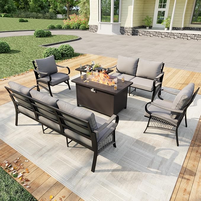 6 Pieces Patio Conversation Sets, All Weather Metal Outdoor Furniture Set, 3-Seater, 2 Single Chairs, 1 Loveseat, 1 Coffee Table, 1 Fire Pit Table for Backyard Garden Deck Porch Poolside, Gray