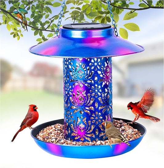 XDW-GIFTS Bird Feeder for Outdoors Solar Hanging Bird Feeder Bird House with Cardinal Feeder Large Capacity Metal Wild Bird Feeder for Garden Decor Unique Gifts & Patio Decor (Blue, 8 INCH)