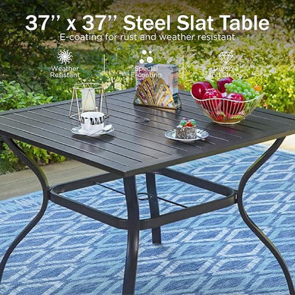 PHI VILLA 5 Piece Patio Dining Set for 4, 37" Square Metal Dining Table with Umbrella Hole & 4 Cushioned Rattan Chairs for Outdoor, Deck, Yard, Porch