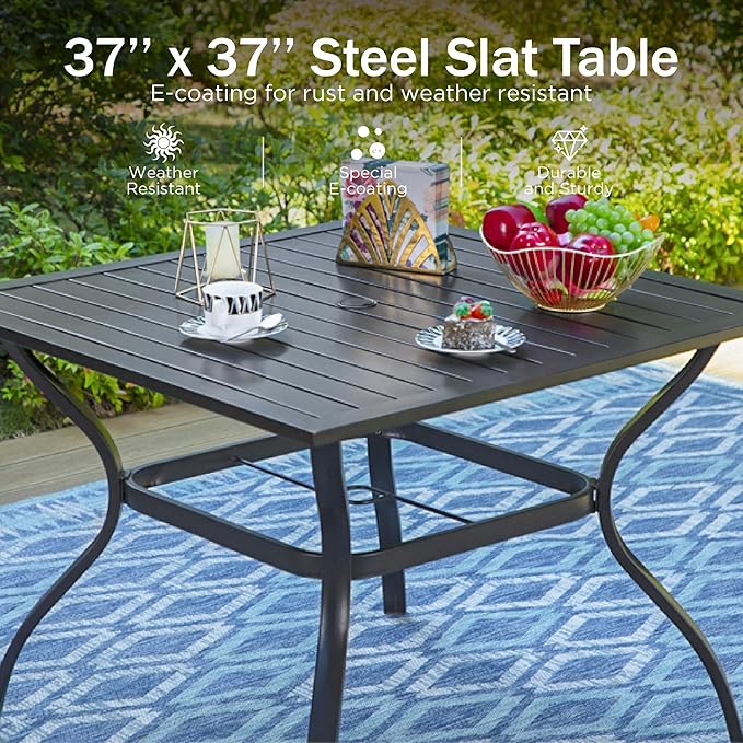 PHI VILLA 5 Piece Outdoor Dining Set for 4, 37" Square Metal Dining Table & 4 Cushioned Rattan Wicker Chairs for Patio, Deck, Yard, Porch